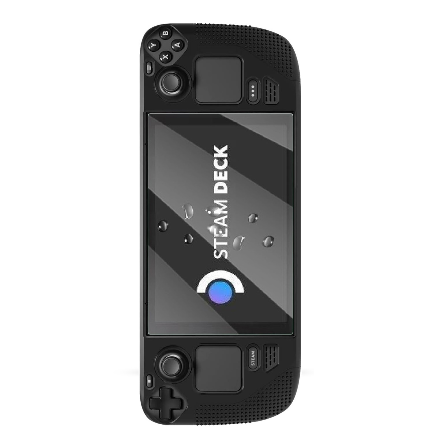 Eine schwarze Steam Deck Handheld-Spielekonsole. Sie hat Tasten, Joysticks und einen Bildschirm mit dem Steam Deck-Logo und Wassertropfen.
