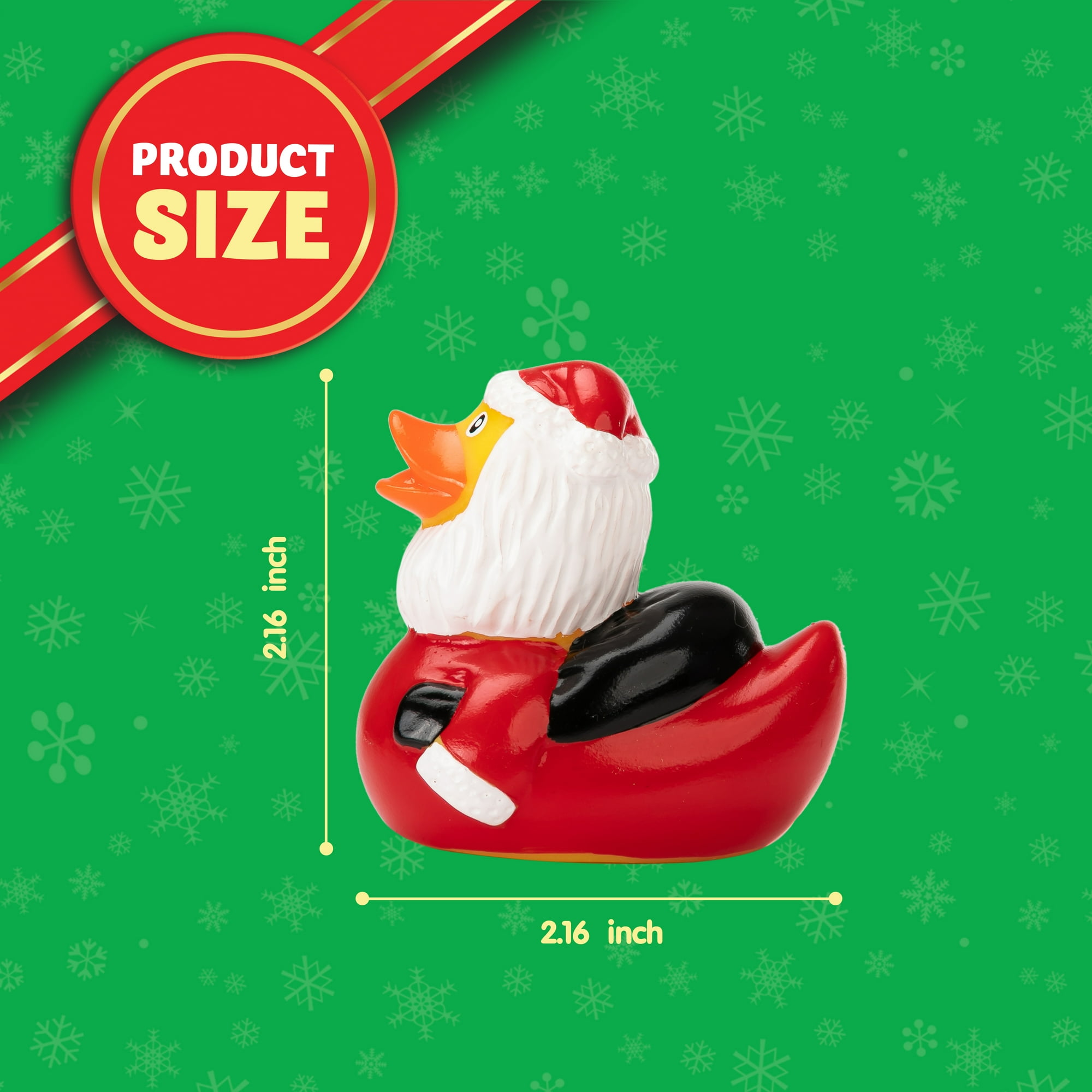 Eine Quietscheente als Weihnachtsmann verkleidet, auf grünem Hintergrund mit Schneeflocken. Produktgröße ist 2,16 Zoll.