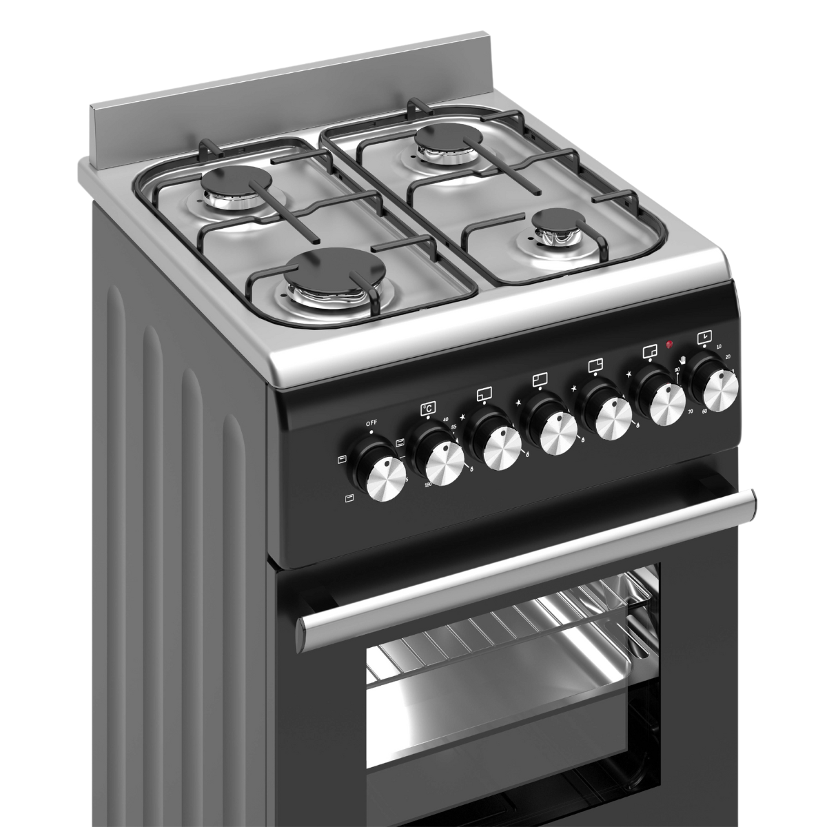 Een zwart en zilver gasfornuis met vier branders, bedieningsknoppen en een oven. De ovendeur is open en onthult het interieur.