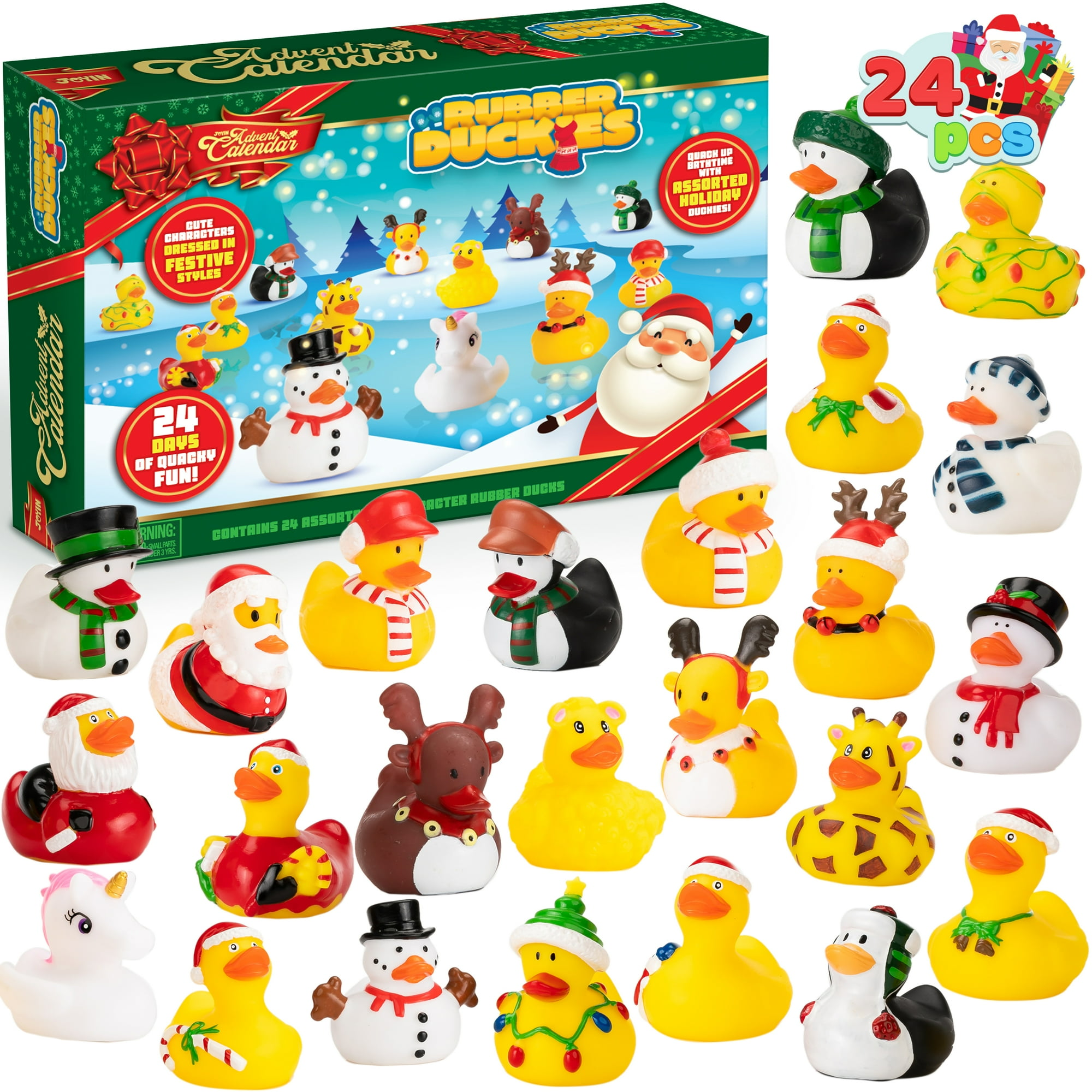 Ein Adventskalender mit 24 Gummienten in Weihnachtsaufmachung. Schneemänner, Weihnachtsmann, Pinguine und Enten mit Geweih sind zu sehen.