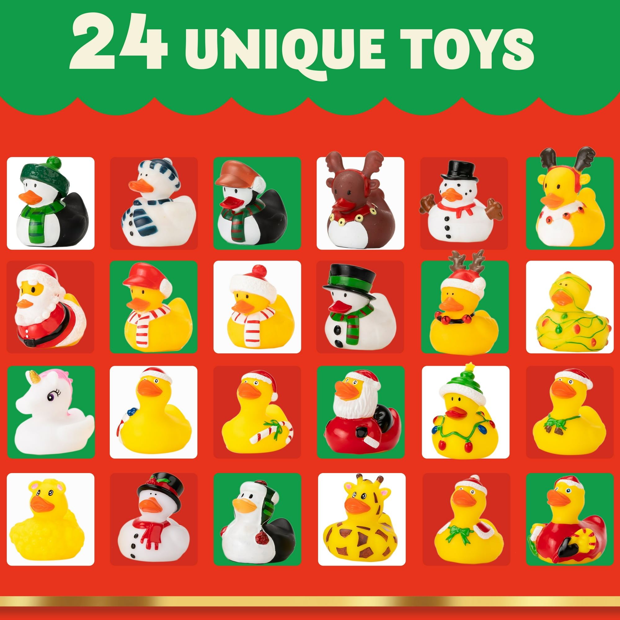 Das Bild zeigt 24 einzigartige Spielzeugenten in Weihnachtskleidung. Jede Ente hat ein anderes festliches Kostüm an.