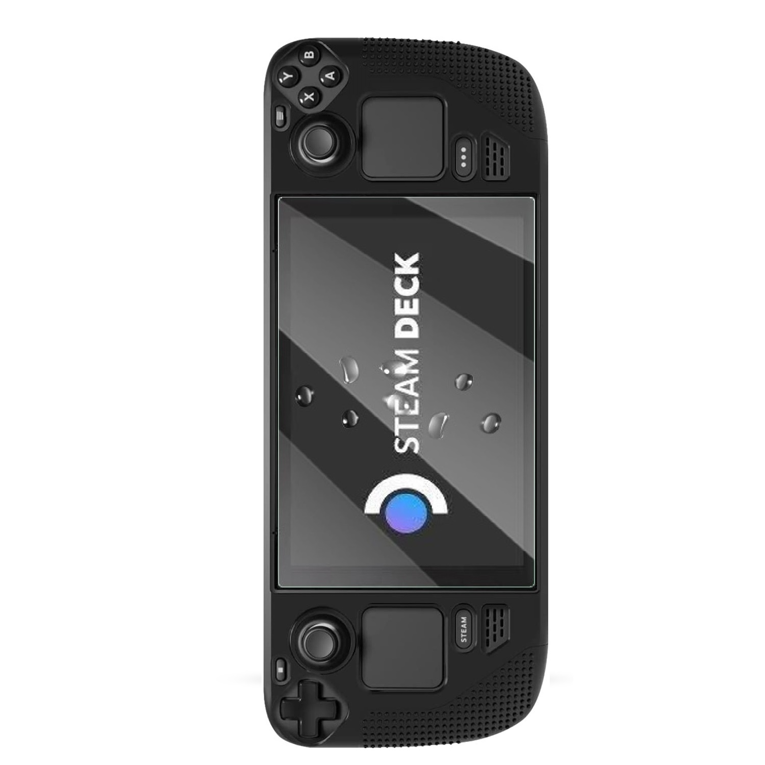 Eine schwarze Steam Deck Handheld-Spielekonsole mit einem Bildschirm, der das Logo anzeigt. Es hat Knöpfe, Joysticks und einen strukturierten Griff.
