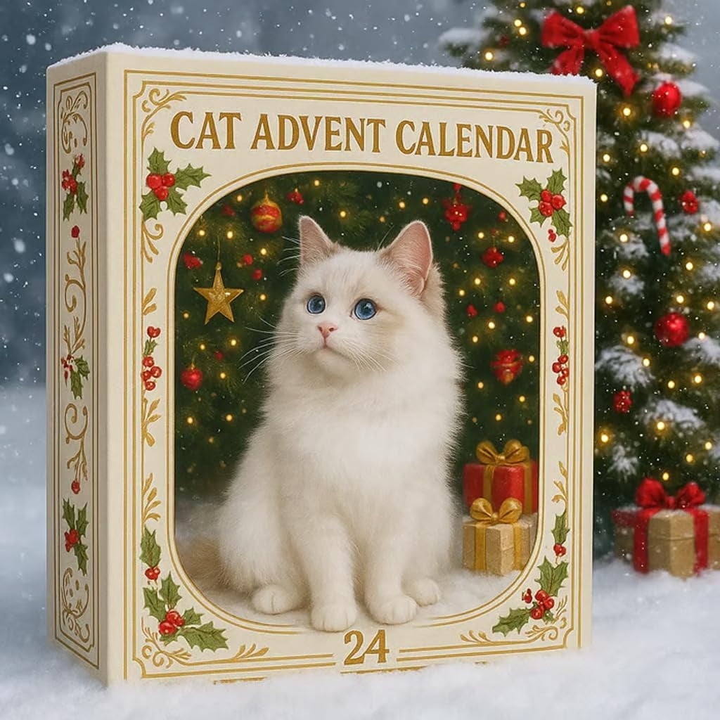 Eine weiße Katze mit blauen Augen sitzt in einem 'Cat Advent Calendar'-Kasten. Im Hintergrund ein Weihnachtsbaum mit Lichtern und Geschenken.