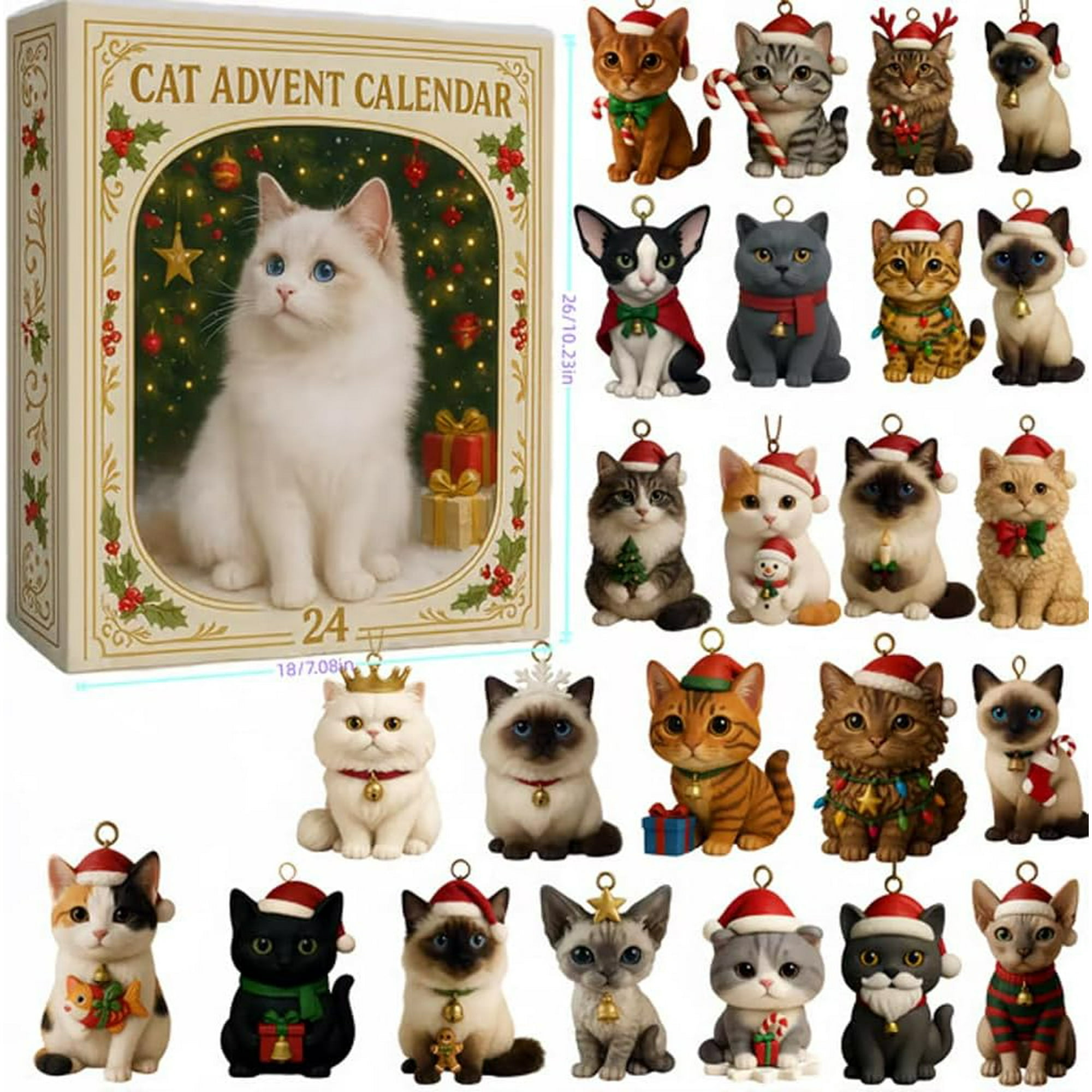 Ein Katzen-Adventskalender mit einer weißen Katze und mehreren Katzenfiguren mit Weihnachtsmützen und Ornamenten.