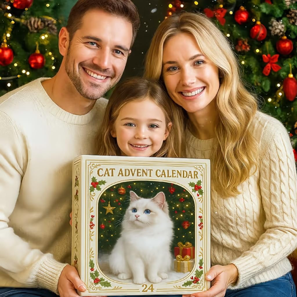 Eine Familie lächelt und hält einen Katzen-Adventskalender. Auf dem Cover ist eine weiße Katze mit blauen Augen vor einem Weihnachtsbaumhintergrund.