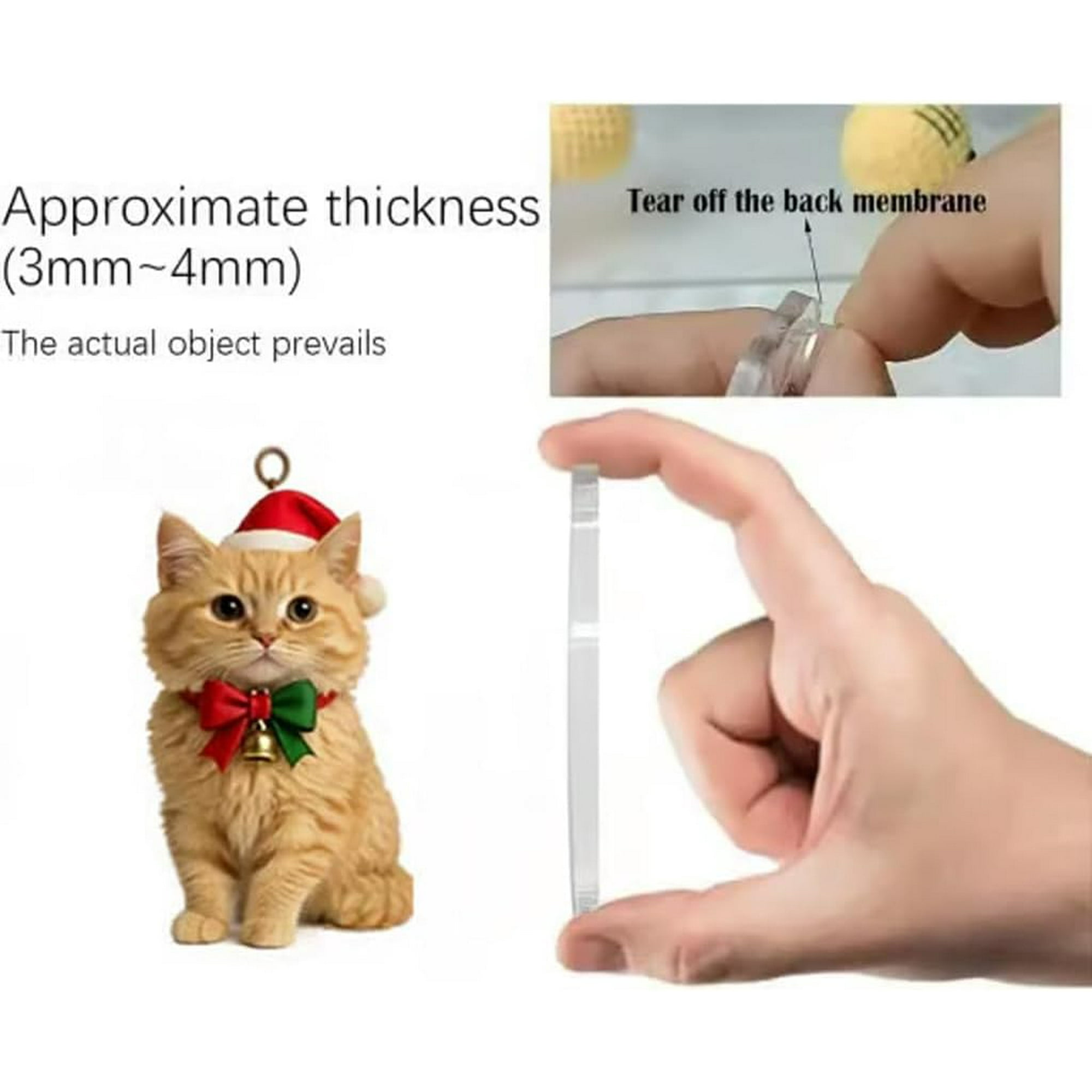 Das Bild zeigt eine Katze mit Weihnachtsmütze und Schleife, eine Hand, die klares Plastik hält, und Text. Text handelt von der Dicke.