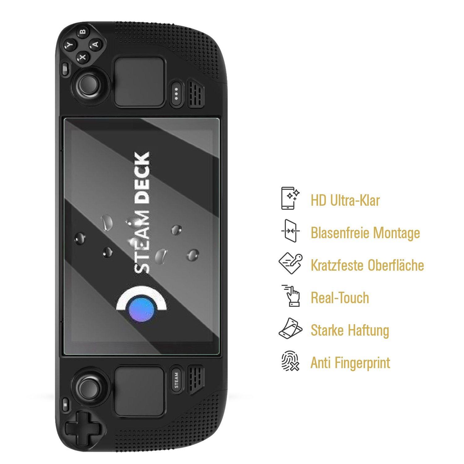 Schwarzes Steam Deck mit Displayschutz. Text auf dem Bildschirm: Steam Deck. Merkmale: HD Ultra-Klar, Real-Touch, Anti-Fingerprint.