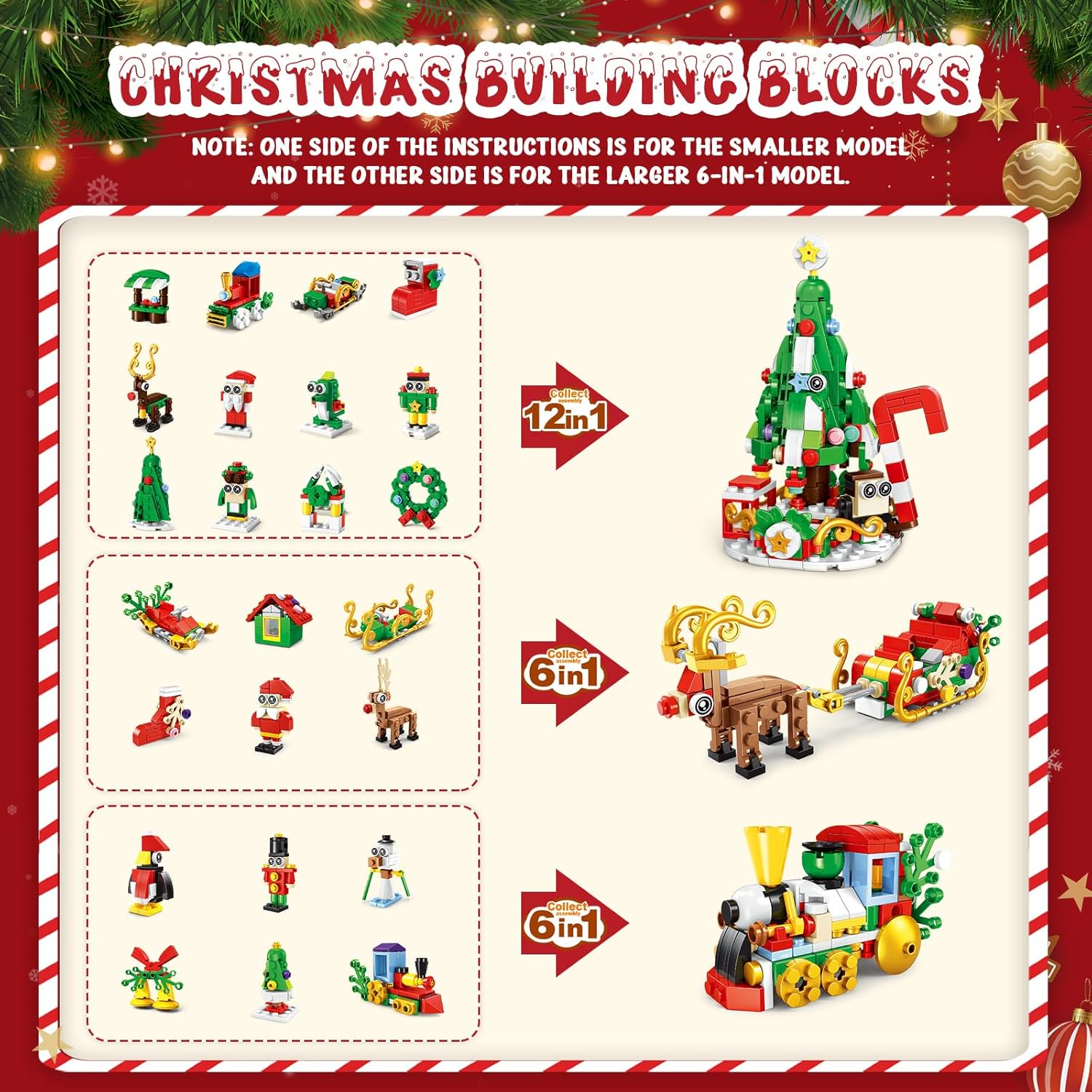 Ein Weihnachts-Baustein-Set. Es zeigt verschiedene Modelle wie Weihnachtsbaum, Zug, Rentier mit Schlitten und andere kleine Figuren.