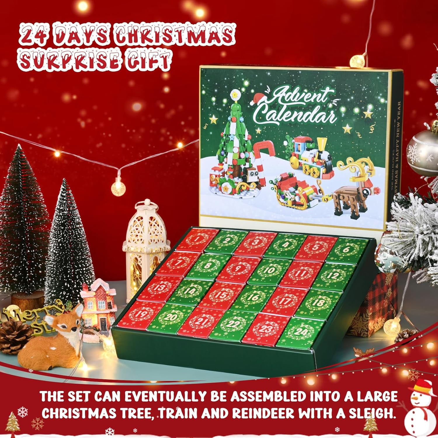 Weihnachts-Adventskalender-Set. Enthält einen Baum, einen Zug und ein Rentier mit einem Schlitten. Enthält 24 nummerierte Boxen.