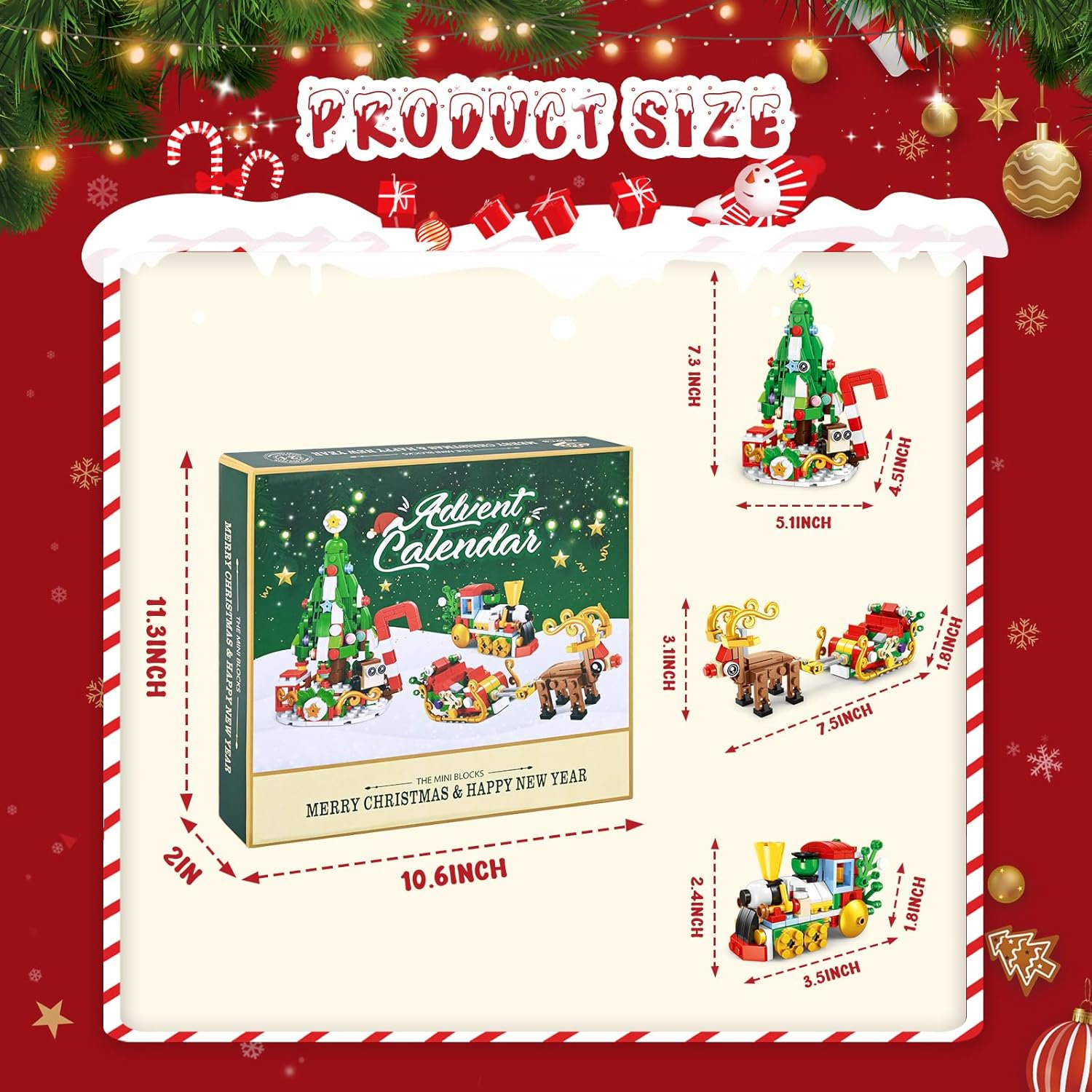 Adventskalender mit Produktgrößenangaben. Enthält Weihnachtsbaum, Zug, Rentier, Schlitten und Produktabmessungen.