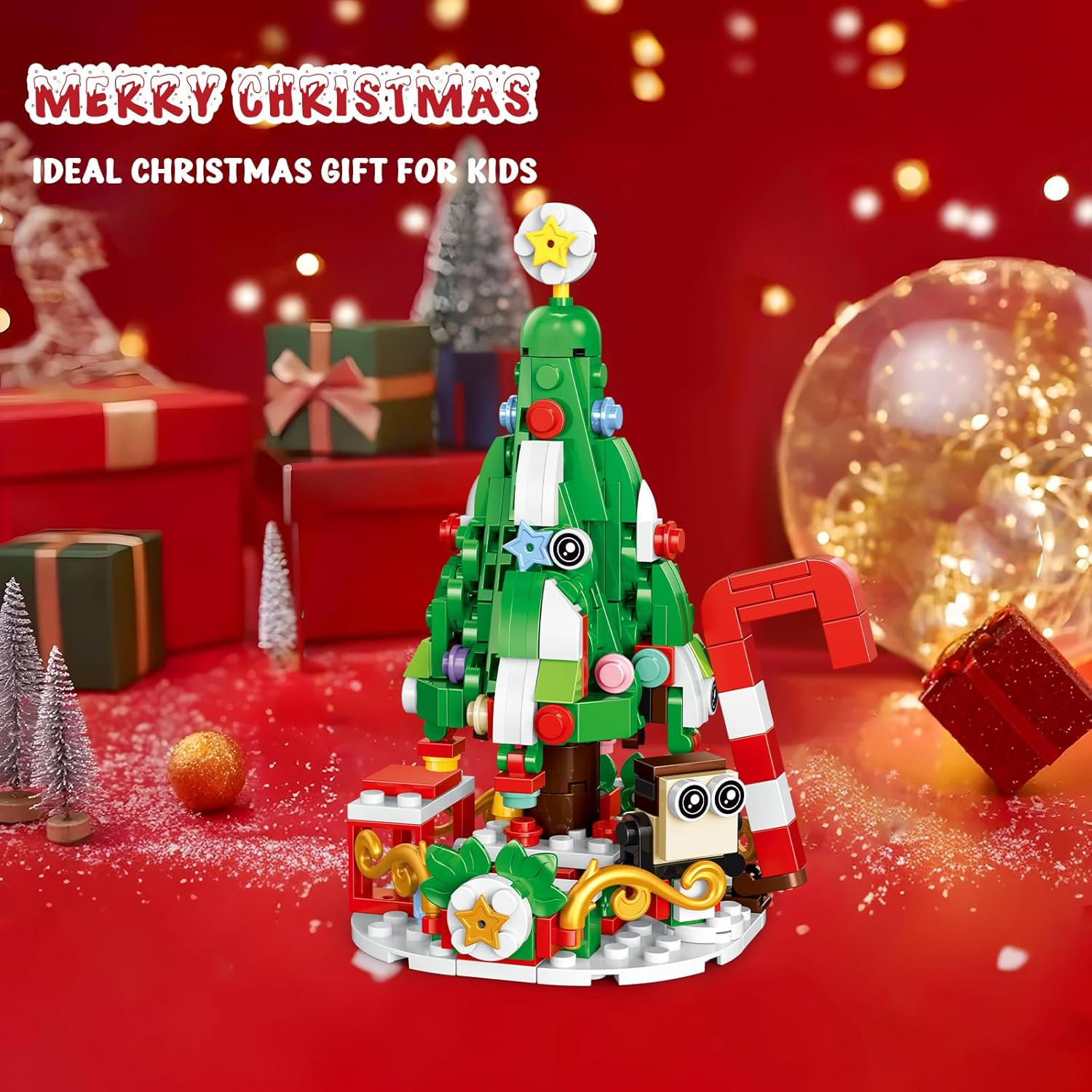 Eine Weihnachtsszene mit einem Lego-Weihnachtsbaum, Zuckerstange, Geschenken und Dekorationen auf rotem Hintergrund.