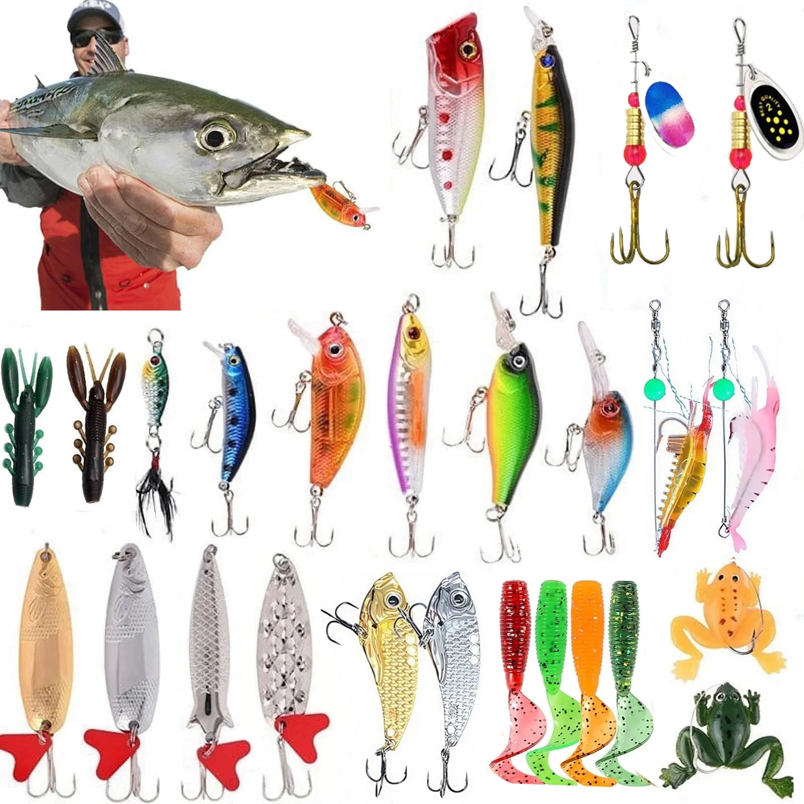 Ein Mann hält einen Fisch, der einen Köder im Maul hat. Verschiedene Angelköder in verschiedenen Farben und Formen werden gezeigt.