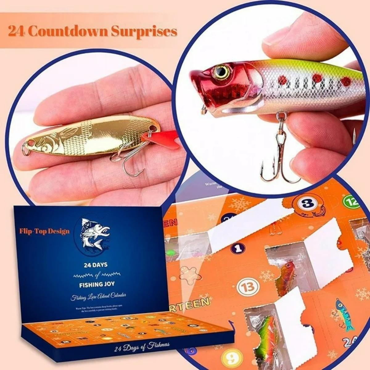 Ein Adventskalender mit Angelködern. Nahaufnahmen von Ködern und eine Hand, die einen hält. Text: '24 Countdown Surprises' und 'Fishing Joy'.