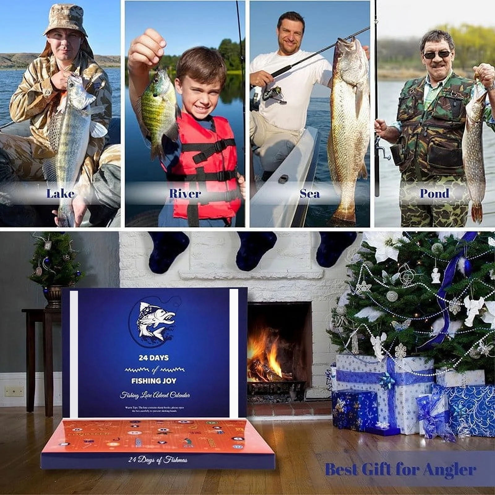 Das Bild zeigt Angelszenen: See, Fluss, Meer, Teich. Auch ein Angel-Joy-Kalender und Weihnachtsbaum mit Geschenken.