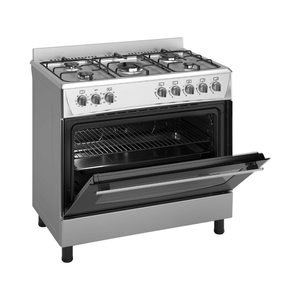 A silver gas range with the oven door open. Knobs, burners, and a metal interior are visible.