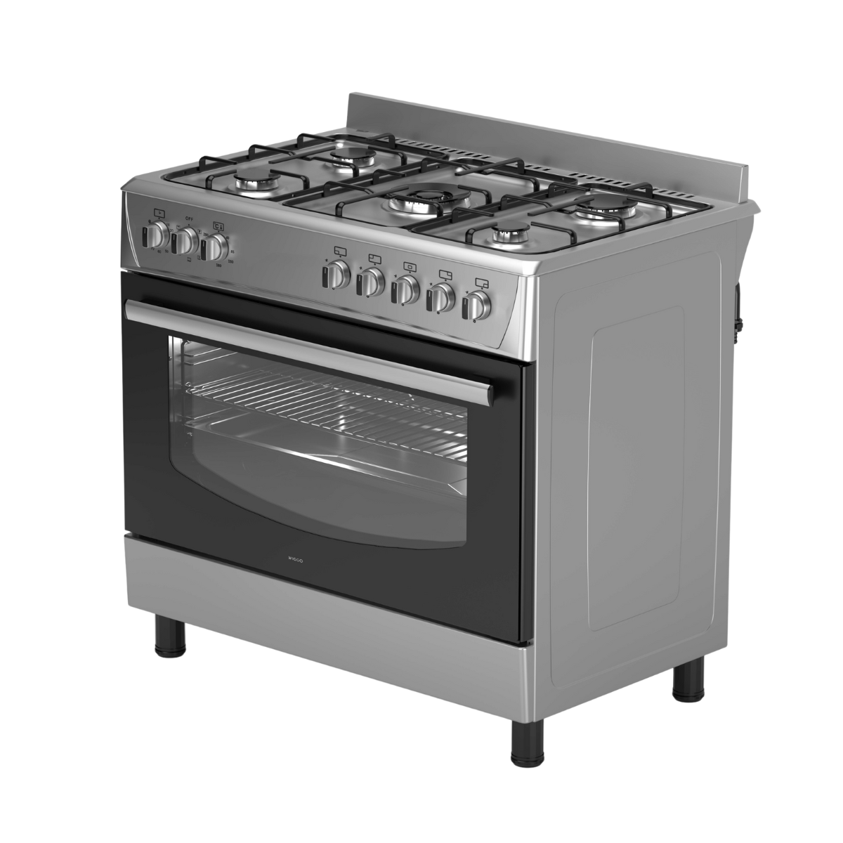 A stainless steel gas range with six burners, an oven with a glass door, and control knobs. The background is black.