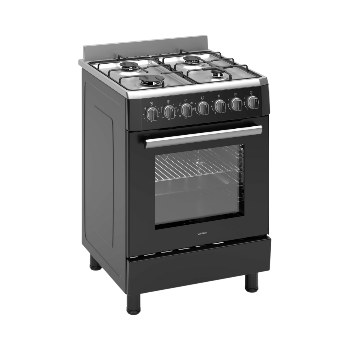 A black and silver gas stove with four burners and an oven. Knobs and a handle are visible. It's on a black background.