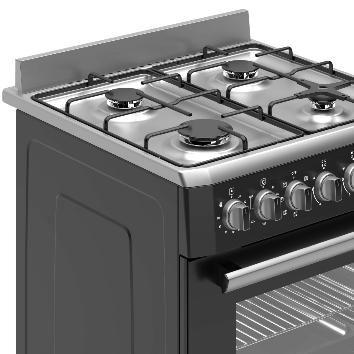 A black and silver gas stove with four burners. Knobs control heat settings. Oven door is open, showing interior racks.