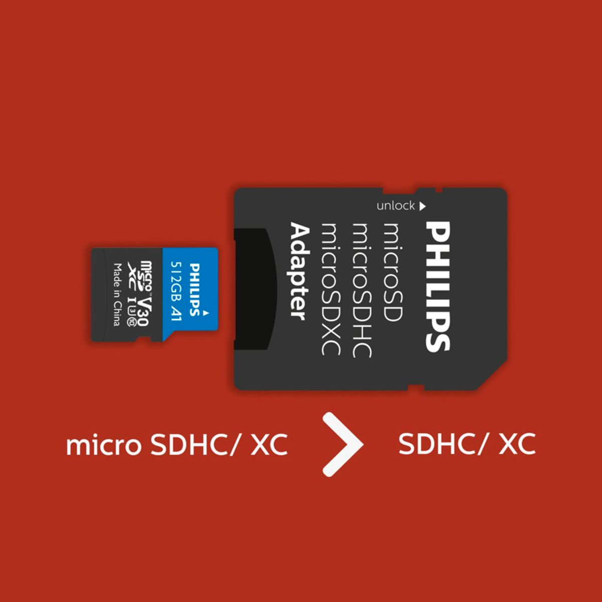 Das Bild zeigt eine Philips Micro-SD-Karte, einen Adapter und Text. Die Karten befinden sich auf rotem Hintergrund mit weißem Text SDHC/XC.