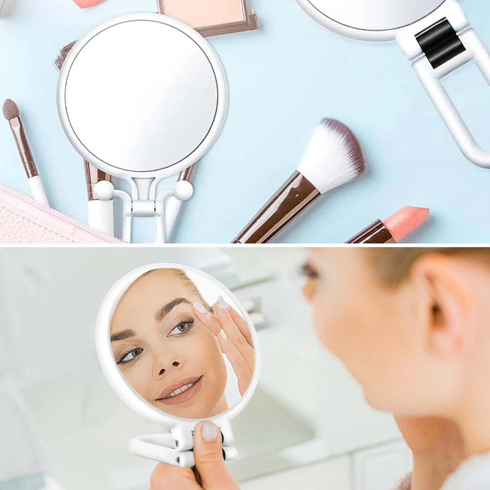 Eine Frau betrachtet sich im Spiegel und trägt Make-up auf. Make-up-Tools und ein weiterer Spiegel im Hintergrund.