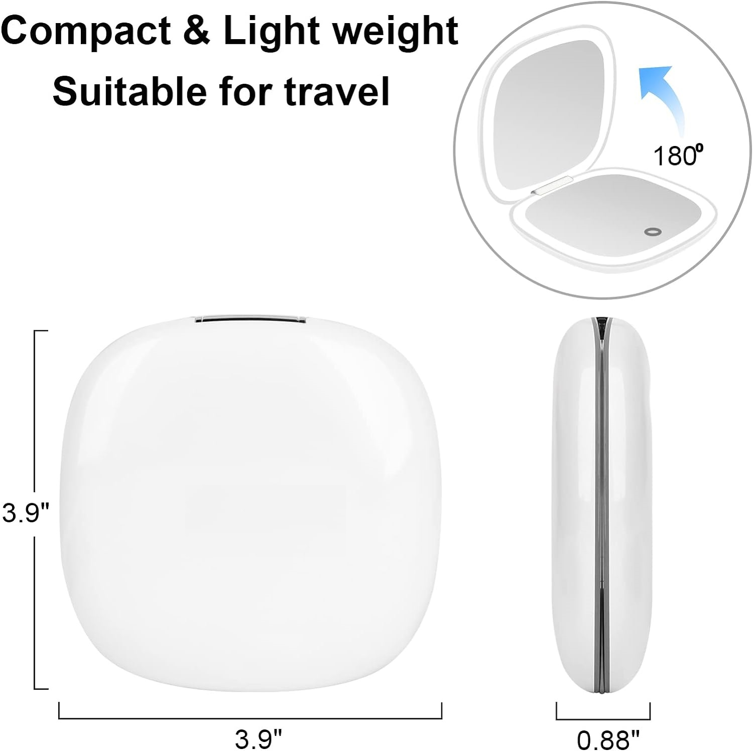 Weißer Kompaktspiegel mit Maßen, offener Spiegel im Kreis und Text 'Compact & Light weight Suitable for travel'.