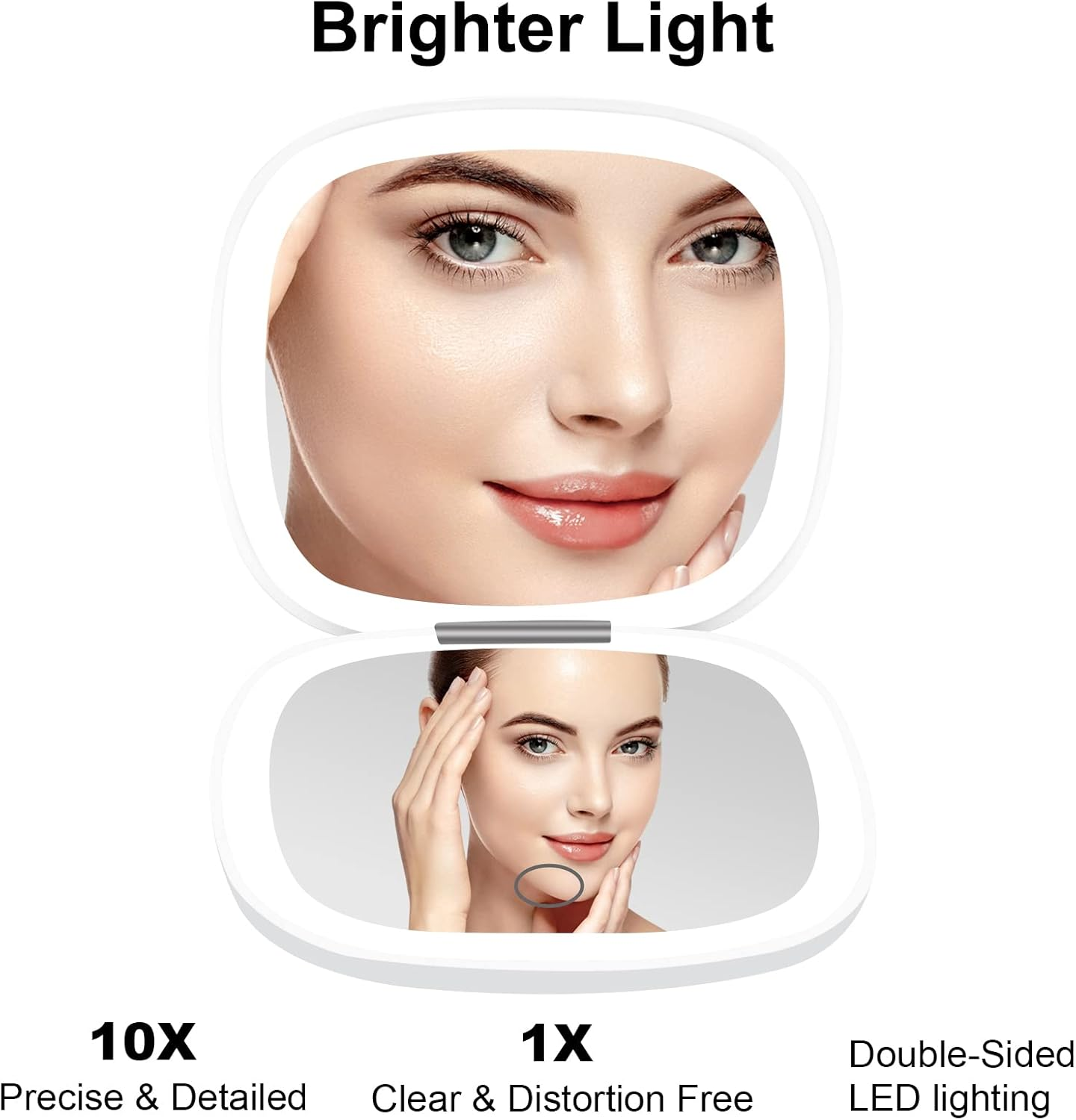 Ein kompakter, doppelseitiger Spiegel mit LED-Beleuchtung. Zeigt das Gesicht einer Frau in zwei Vergrößerungen: 10x und 1x. Text: 'Helleres Licht'.