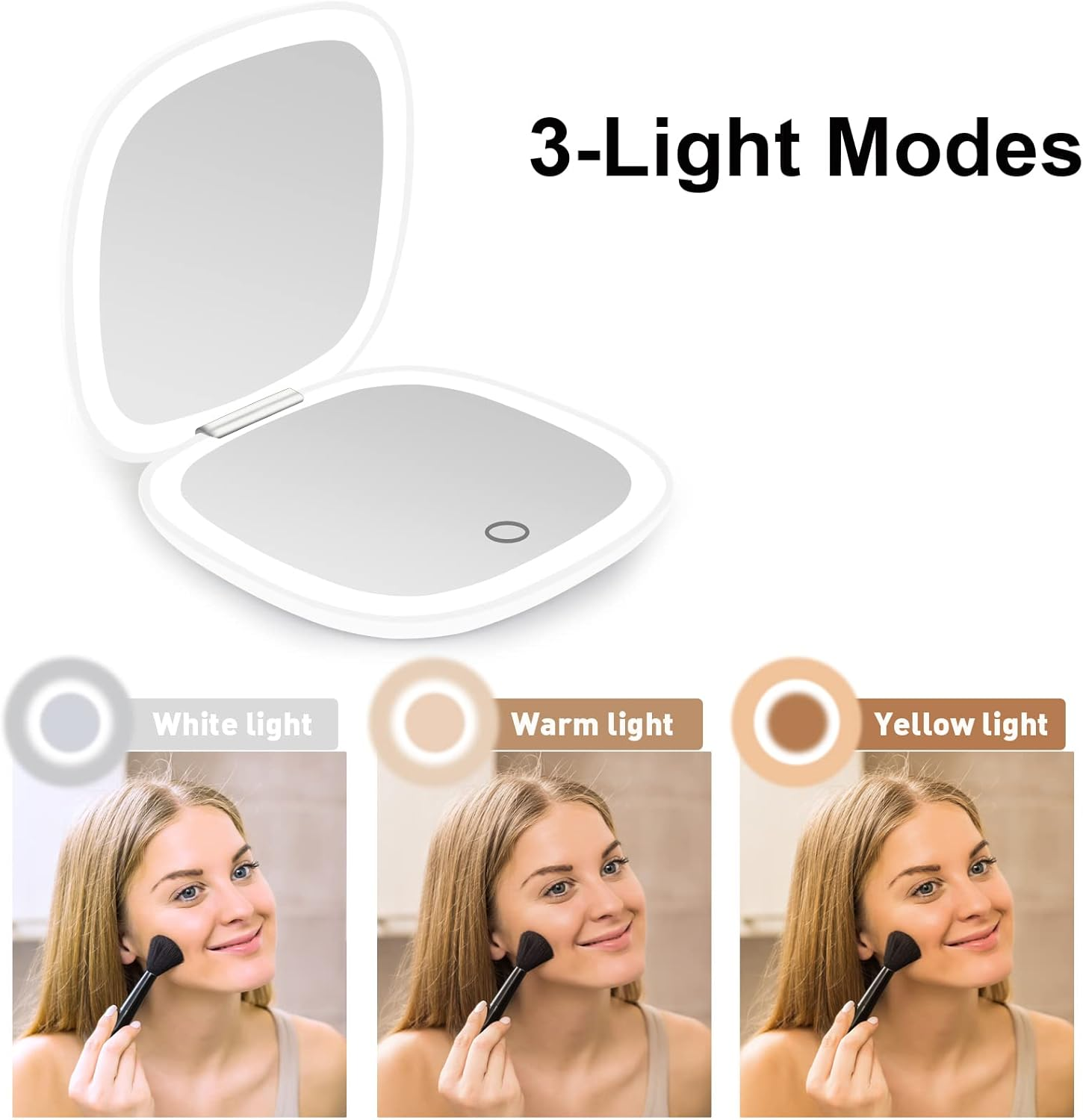 Ein weißer, zusammenklappbarer Schminkspiegel mit drei Lichtmodi: weiß, warm und gelb. Drei Bilder zeigen eine Frau beim Auftragen von Make-up.