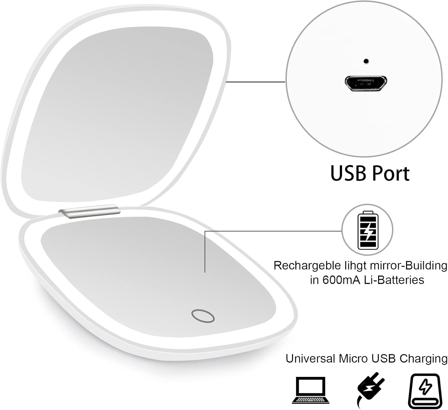 Ein weißer, offener, beleuchteter Schminkspiegel mit USB-Anschluss, Batterieinformationen und USB-Lade-Symbolen.