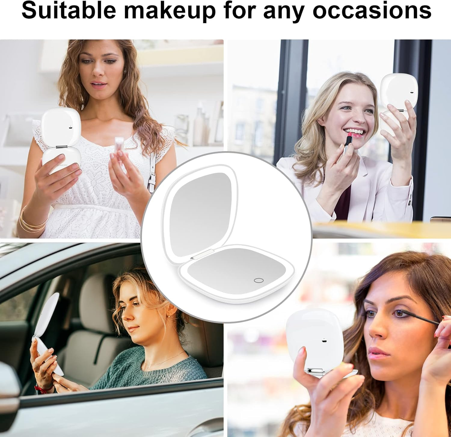 Frauen benutzen einen weißen Schminkspiegel in verschiedenen Umgebungen: zu Hause, im Auto und beim Auftragen von Lippenstift und Mascara.