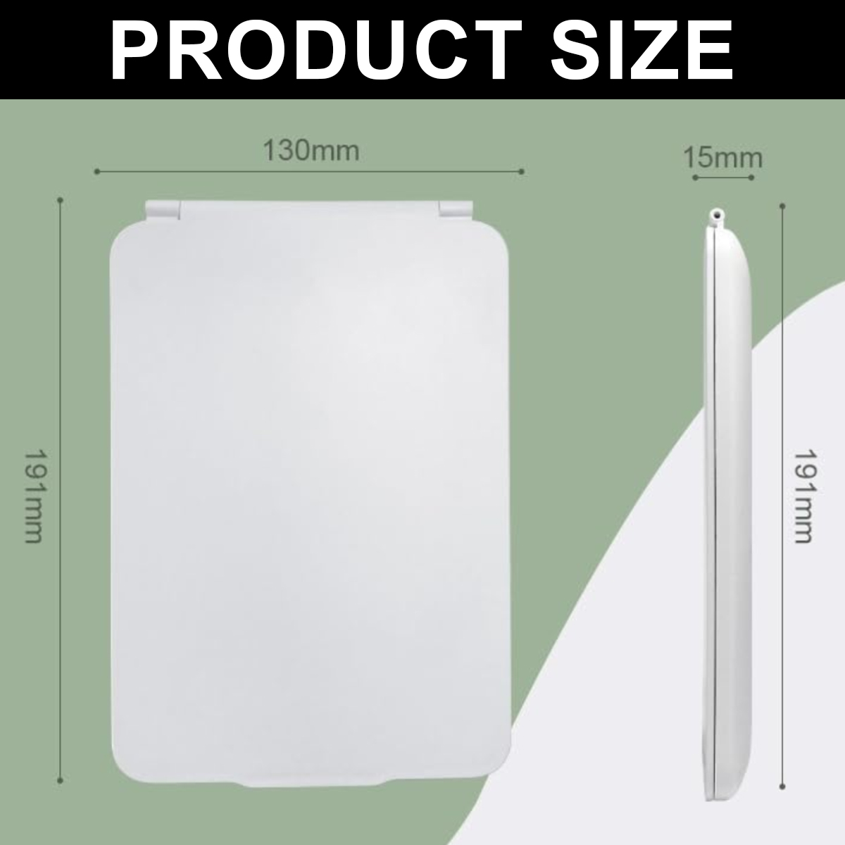 Diagramm mit Produktabmessungen. Ein weißes, rechteckiges Objekt mit den Maßen 191 mm x 130 mm und 191 mm x 15 mm.