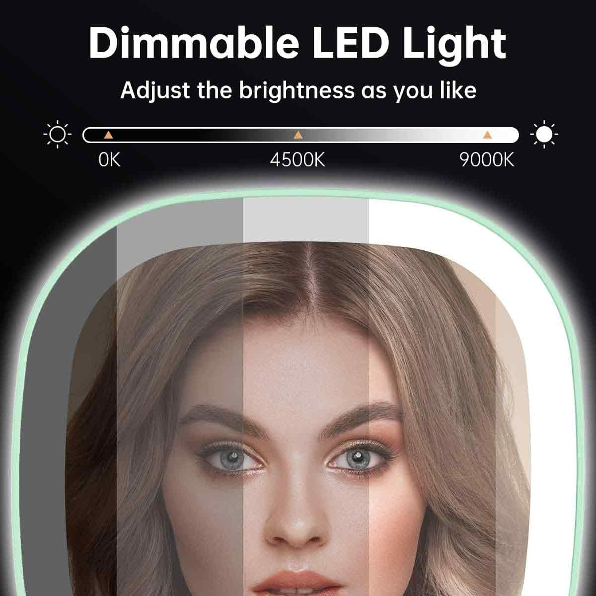 Das Bild zeigt das Gesicht einer Frau in einem Spiegel mit einstellbaren LED-Lichteinstellungen. Die Helligkeitsskala reicht von 0K bis 9000K.