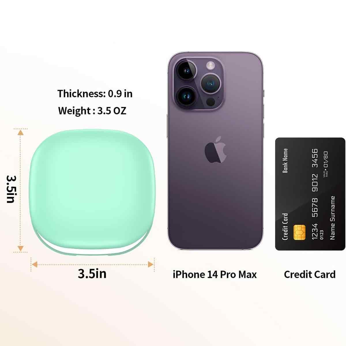 Ein iPhone 14 Pro Max, eine Kreditkarte und ein abgerundetes quadratisches Objekt werden angezeigt. Maße und Gewicht sind ebenfalls im Bild angegeben.