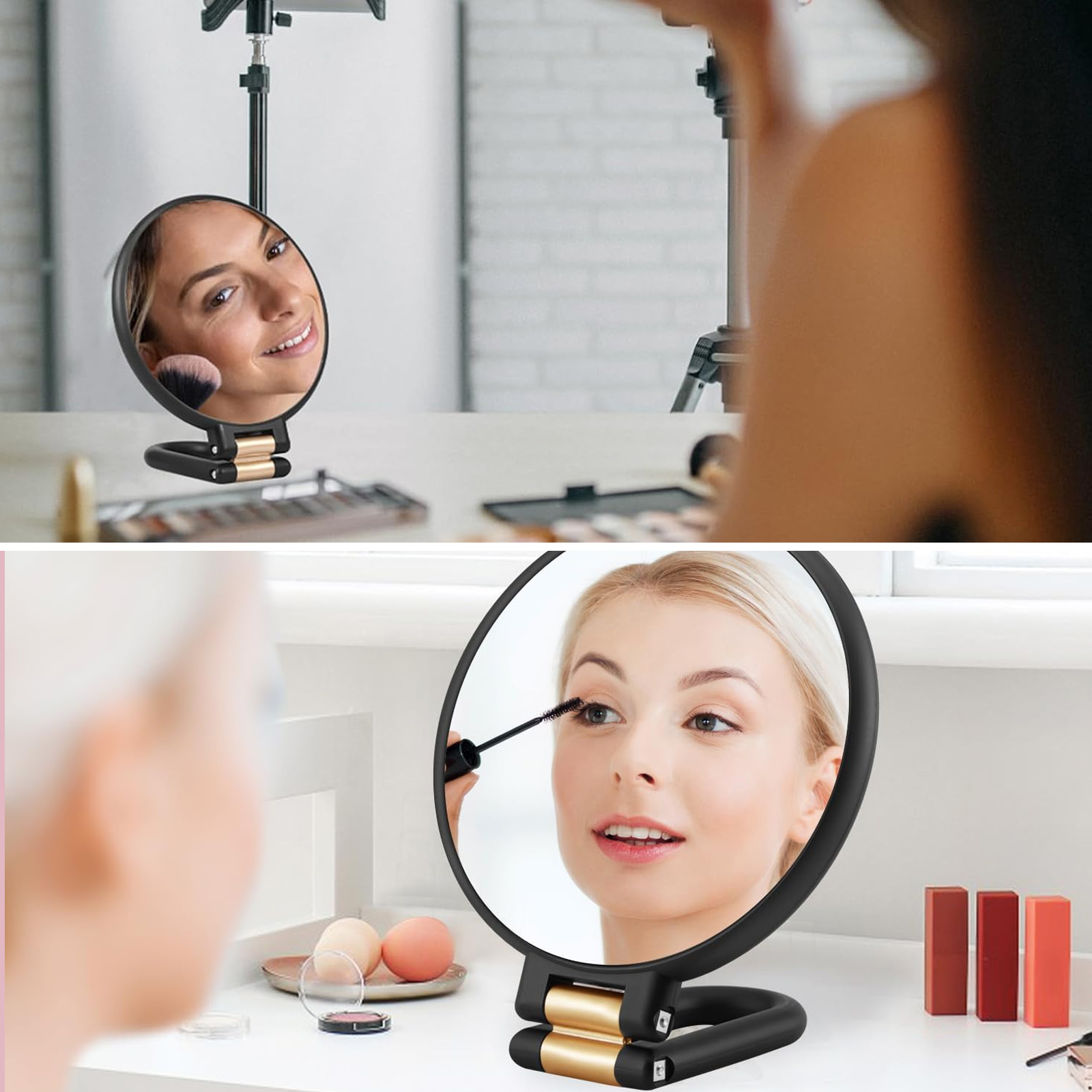 Zwei Frauen schminken sich mit einem Spiegel. Die Szene umfasst Make-up-Produkte und -Werkzeuge. Eine Frau benutzt einen Pinsel.