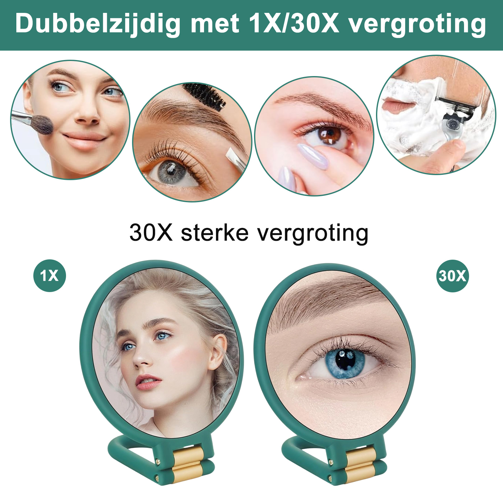 Werbung für einen doppelseitigen Vergrößerungsspiegel. Nahaufnahmen von Augen, eine Person, die sich rasiert, und Spiegel mit Gesichtern.