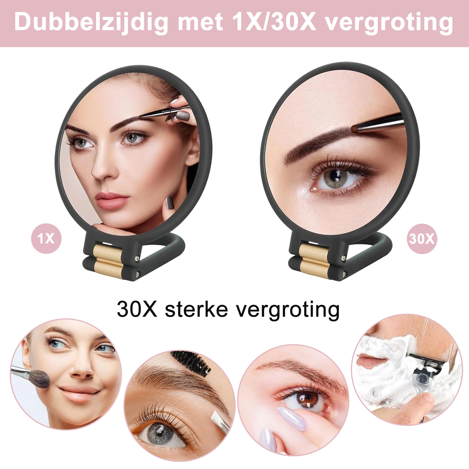 Werbung für ein Schönheitsprodukt mit zwei Spiegeln mit unterschiedlicher Vergrößerung und Nahaufnahmen von Pflegeroutinen.