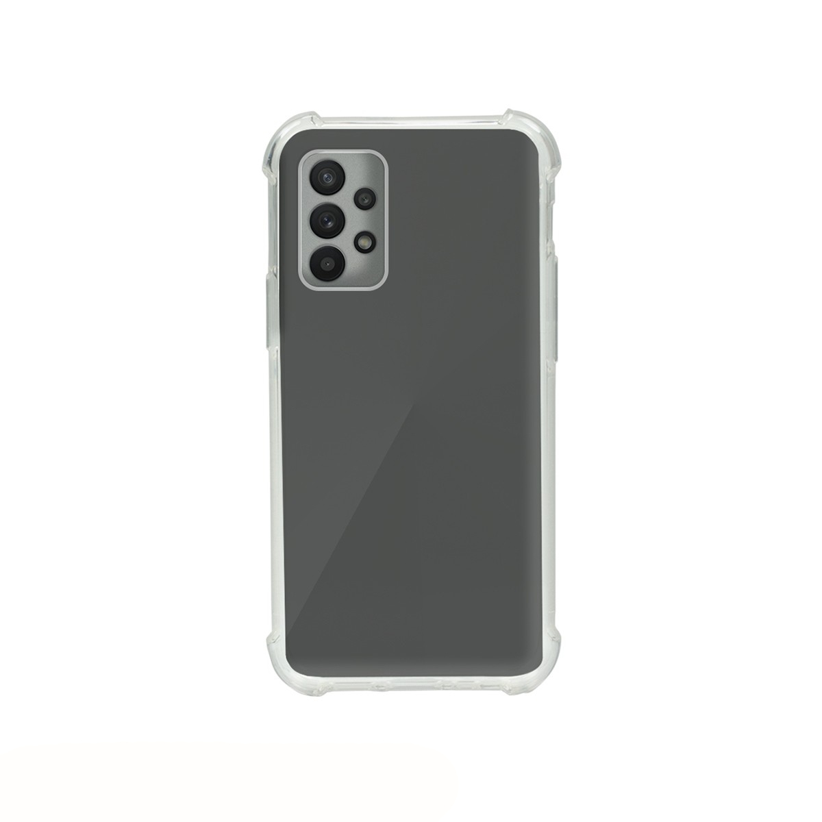 Ein Smartphone in einer transparenten Schutzhülle. Das Telefon hat eine dunkelgraue Rückseite mit einer Kameraanordnung. Die Hülle hat einen klaren, schützenden Stoßfänger.