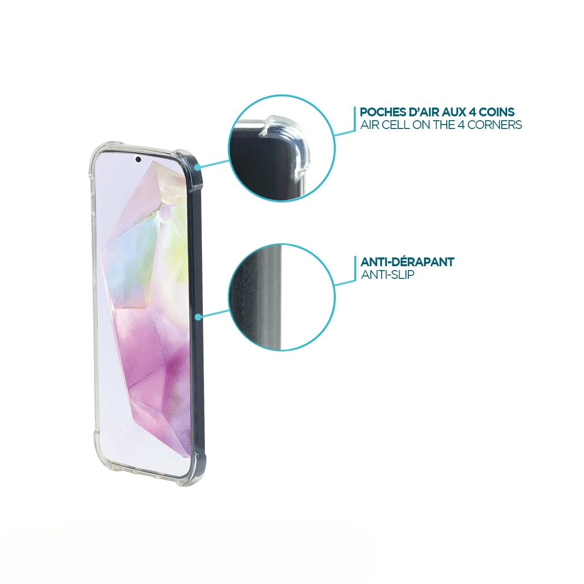 Eine transparente Handyhülle mit farbenfrohem Design. Nahaufnahmen zeigen Luftzellen an Ecken und Anti-Rutsch-Funktion.