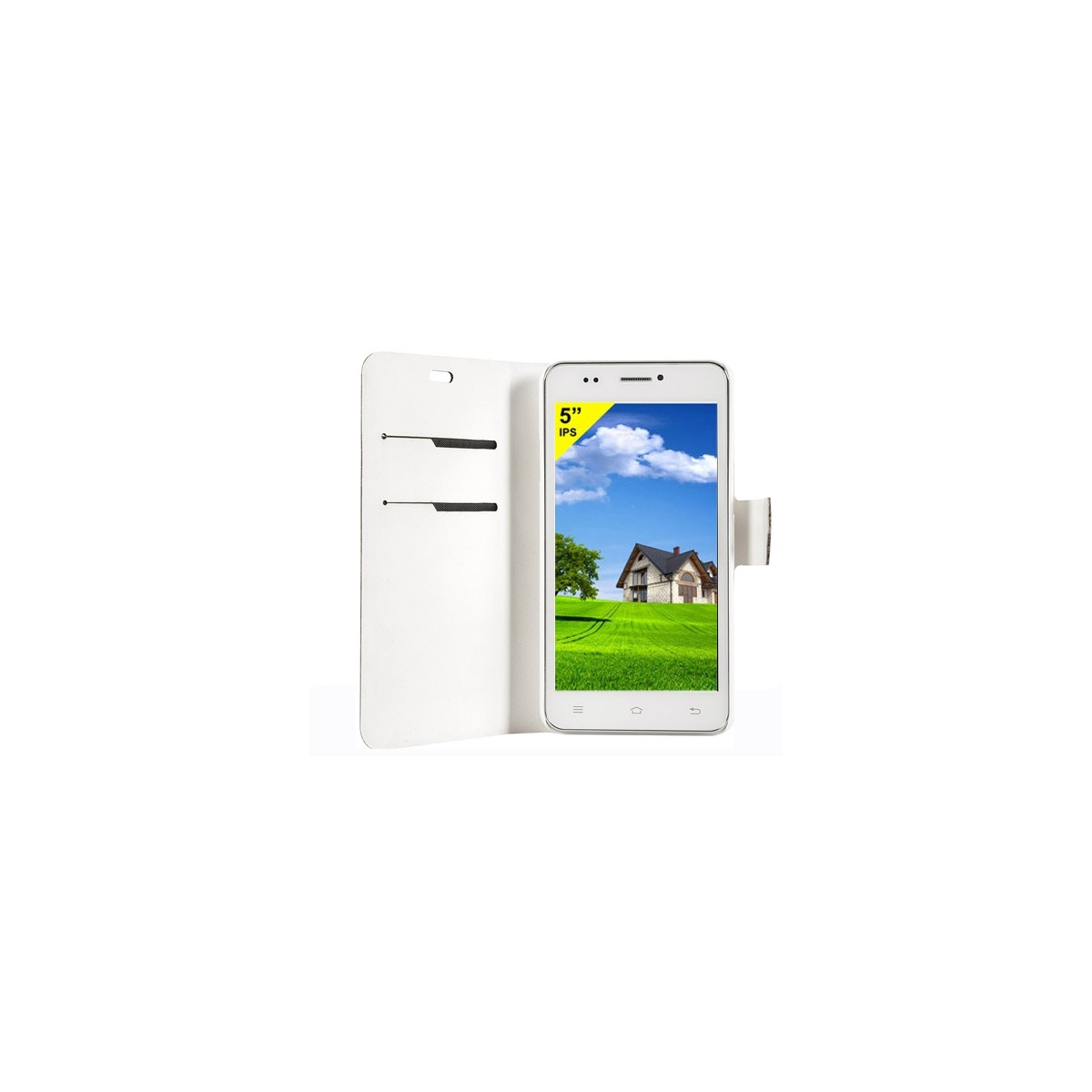 Weißes Smartphone in weißer Hülle. Der Bildschirm zeigt ein Haus auf grünem Gras unter blauem Himmel. 5" IPS-Etikett.
