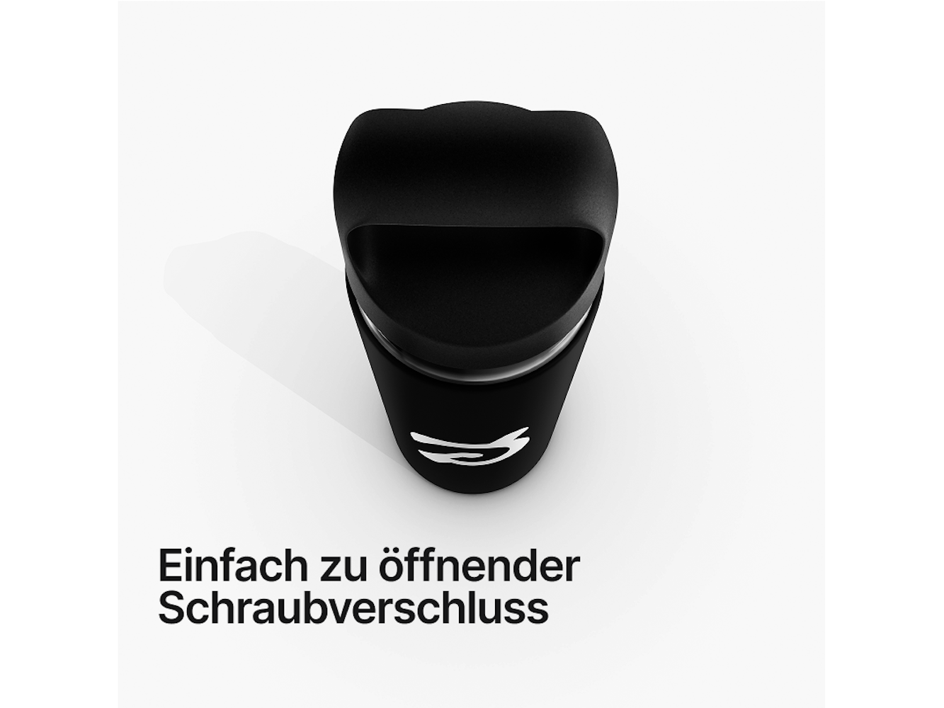 Schwarzer Behälter mit Griff, weißem Logo und Text auf weißem Hintergrund.