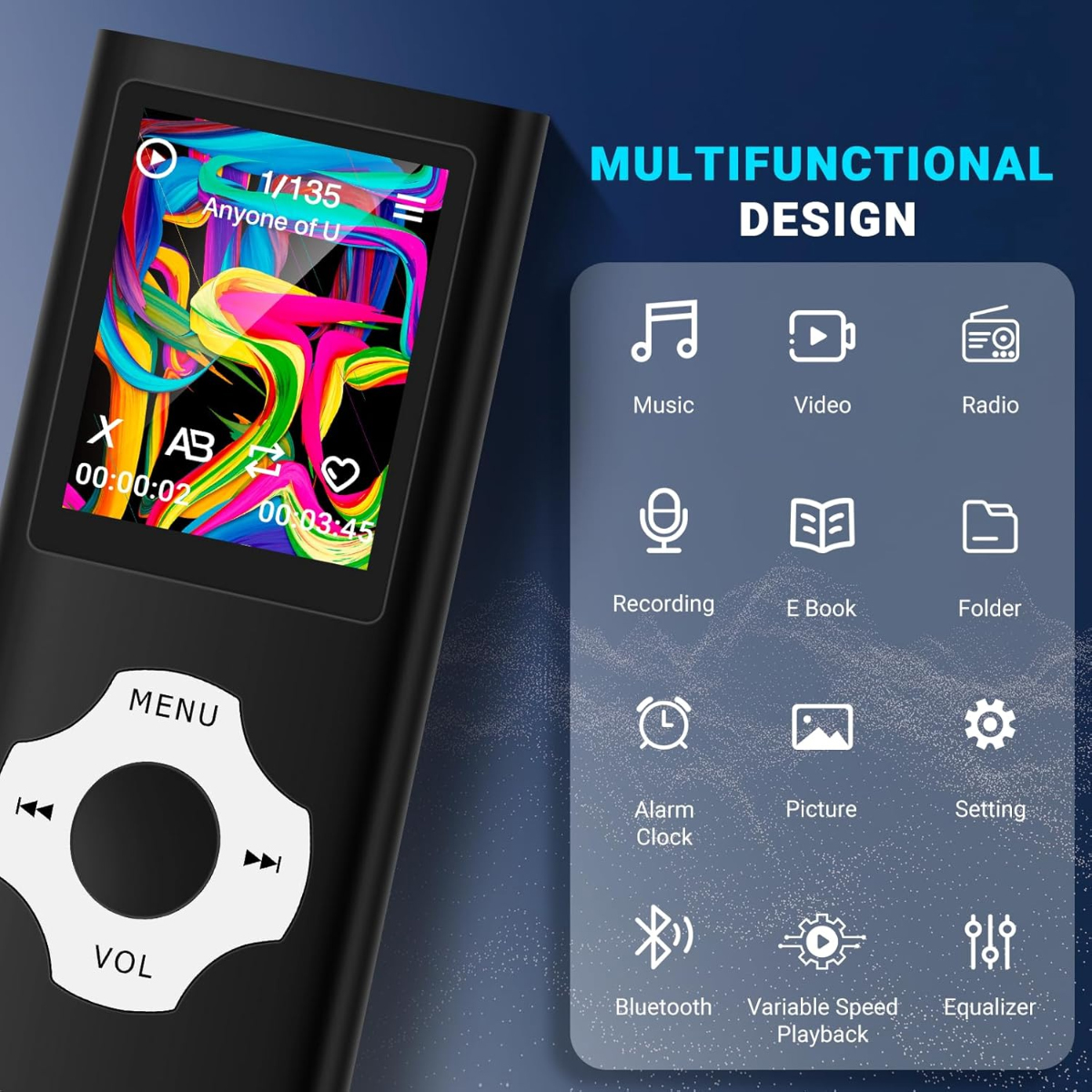 Schwarzer MP3-Player mit Bildschirm, der ein farbenfrohes Bild, Menüschaltflächen und Funktionssymbole zeigt. Multifunktionales Design wird hervorgehoben.