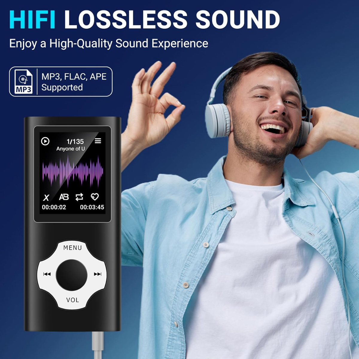 Ein Mann mit Kopfhörern lächelt und hält einen Musikplayer. Der Bildschirm des Players zeigt eine Musikwellenform. Text sagt 'HIFI LOSSLESS SOUND'.