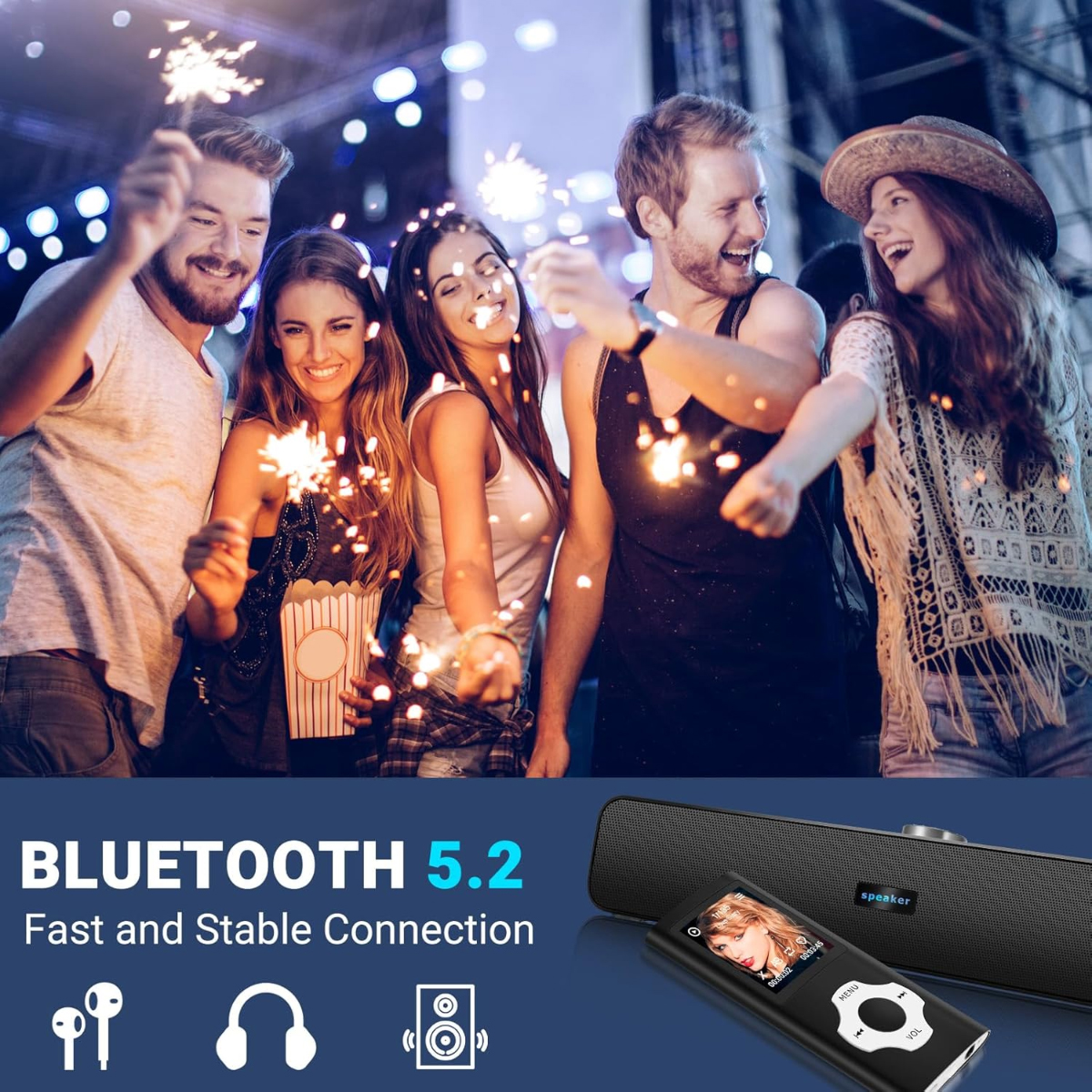 Junge Erwachsene feiern mit Wunderkerzen bei Nacht. Bluetooth-Lautsprecher und MP3-Player darunter mit Text.