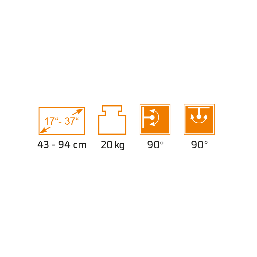 Das Bild zeigt Symbole mit Details: Bildschirmgröße (17-37 Zoll, 43-94 cm), Gewicht (20 kg) und zwei Drehwinkel (90 Grad).