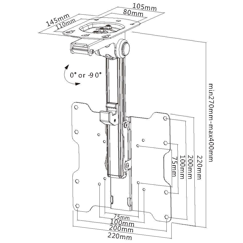 Diagramm einer Deckenhalterung für einen Fernseher. Abmessungen sind beschriftet, einschließlich 75 mm bis 220 mm. Winkel werden als 0° oder -90° angezeigt.