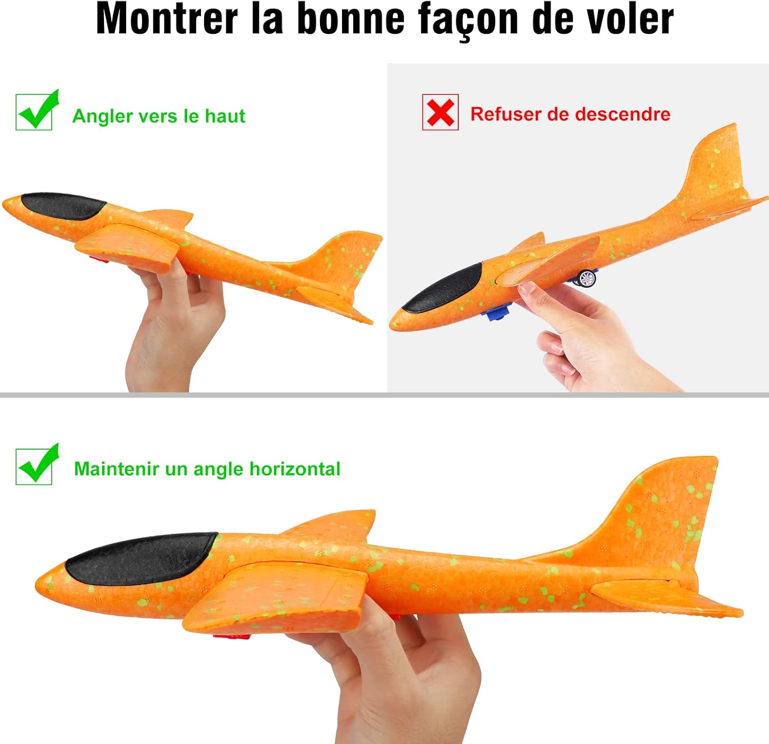 Das Bild zeigt orangefarbene Spielzeugflugzeuge, die von Händen gehalten werden, mit französischem Text zur Fluganleitung.