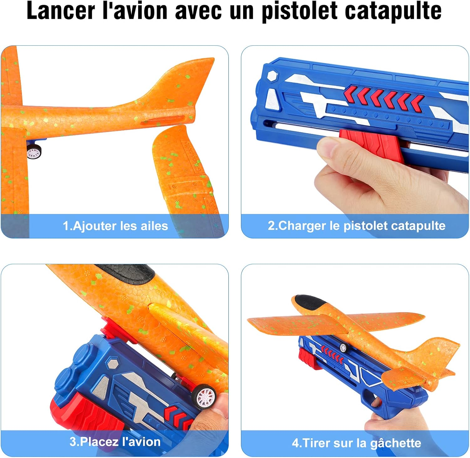 Ein orangefarbenes Spielzeugflugzeug mit einer blauen Katapultpistole. Das Bild zeigt die Schritte: Flügel anbringen, Pistole laden, Flugzeug platzieren und abfeuern.