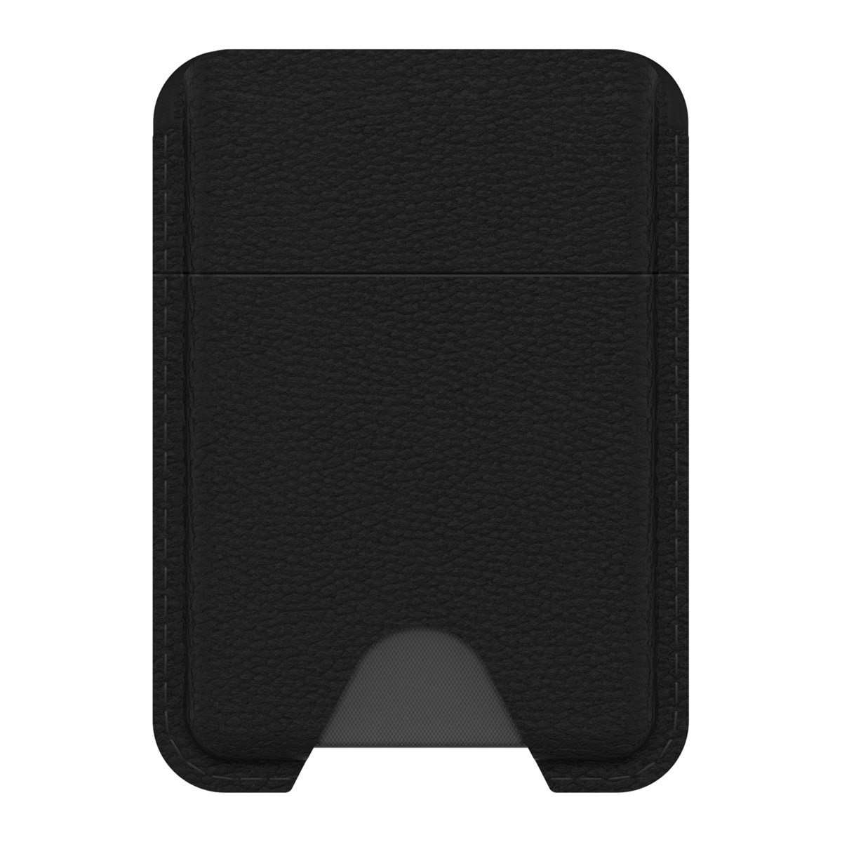 Schwarzes Leder-Telefon-Portemonnaie. Es hat eine rechteckige Form mit abgerundeten Ecken. Das Portemonnaie hat eine Tasche und einen Ausschnitt.