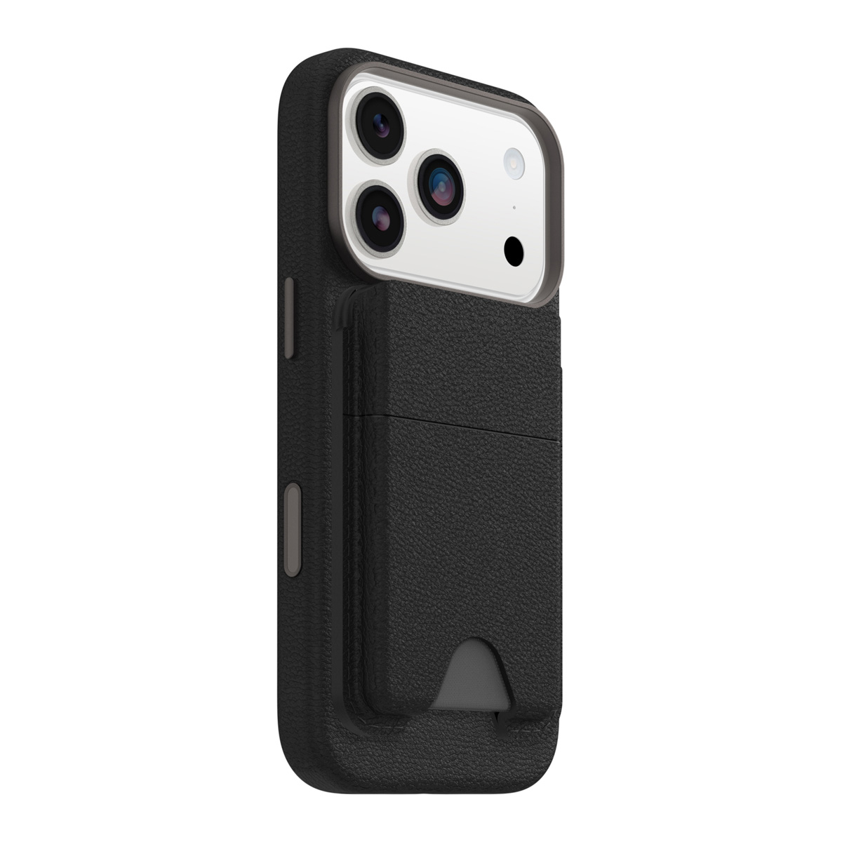 Schwarze iPhone-Hülle mit Kartenhalter. Das Telefon hat drei Kameras und einen Blitz. Die Hülle ist ledertexturiert.