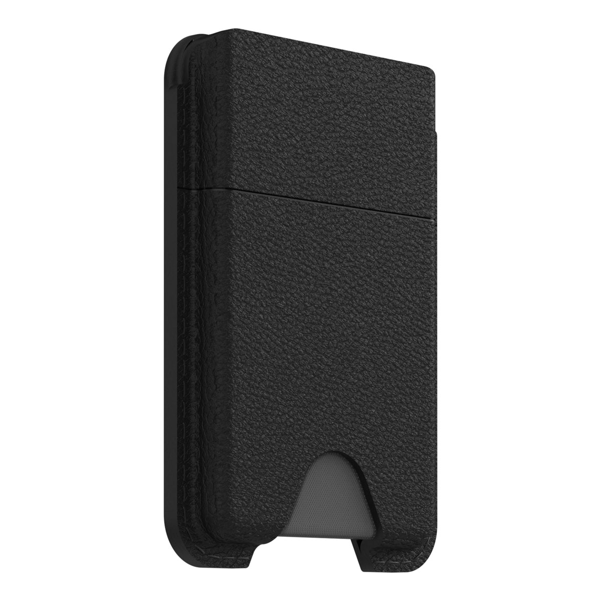 Eine vertikale, schwarze Lederbrieftasche steht vor einem weißen Hintergrund. Die Brieftasche ist rechteckig mit strukturierter Oberfläche und gebogenem Boden.