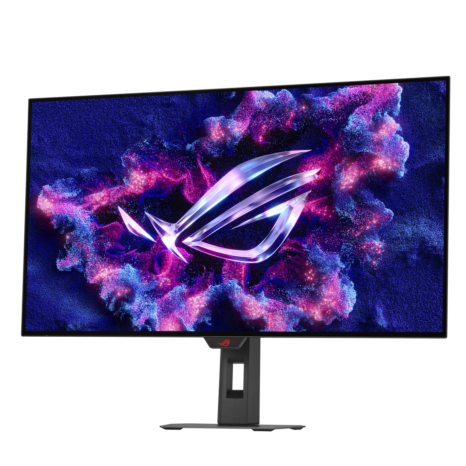 Ein Gaming-Monitor zeigt einen farbenfrohen digitalen Hintergrund. Das ROG-Logo ist zentriert. Der Monitor steht auf einem schwarzen Ständer.